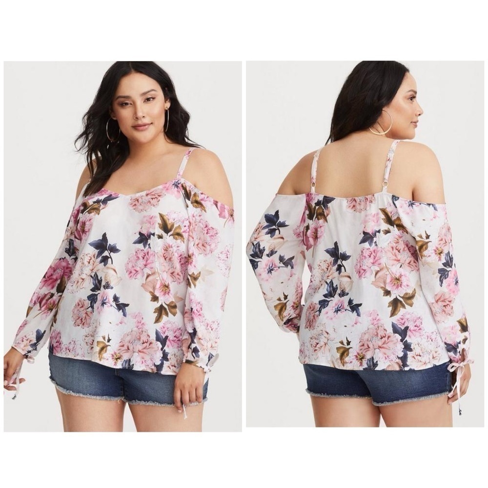 Torrid Floral Chiffon Cold Shoulder Tie Blouse Long Sleeve Sz 5 5X